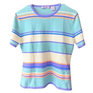 Autumn Cashmere Womens Striped Short Sleeve Sweater 100% Cashmere Aqua Large